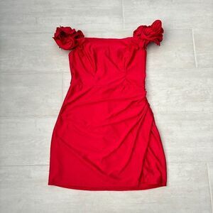 B Darlin Juniors' Mini Bodycon Off-the-Shoulder Rosette-Trim Deep Red Ruched 9